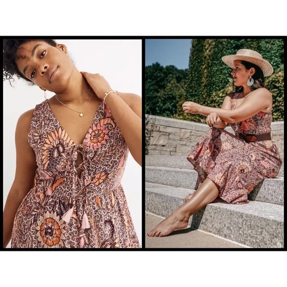 💕MADEWELL💕 Lace-Up Ruffle-Hem Midi Dress ~ Bali Blooms Print 10 (Regular Fit) - Picture 1 of 16